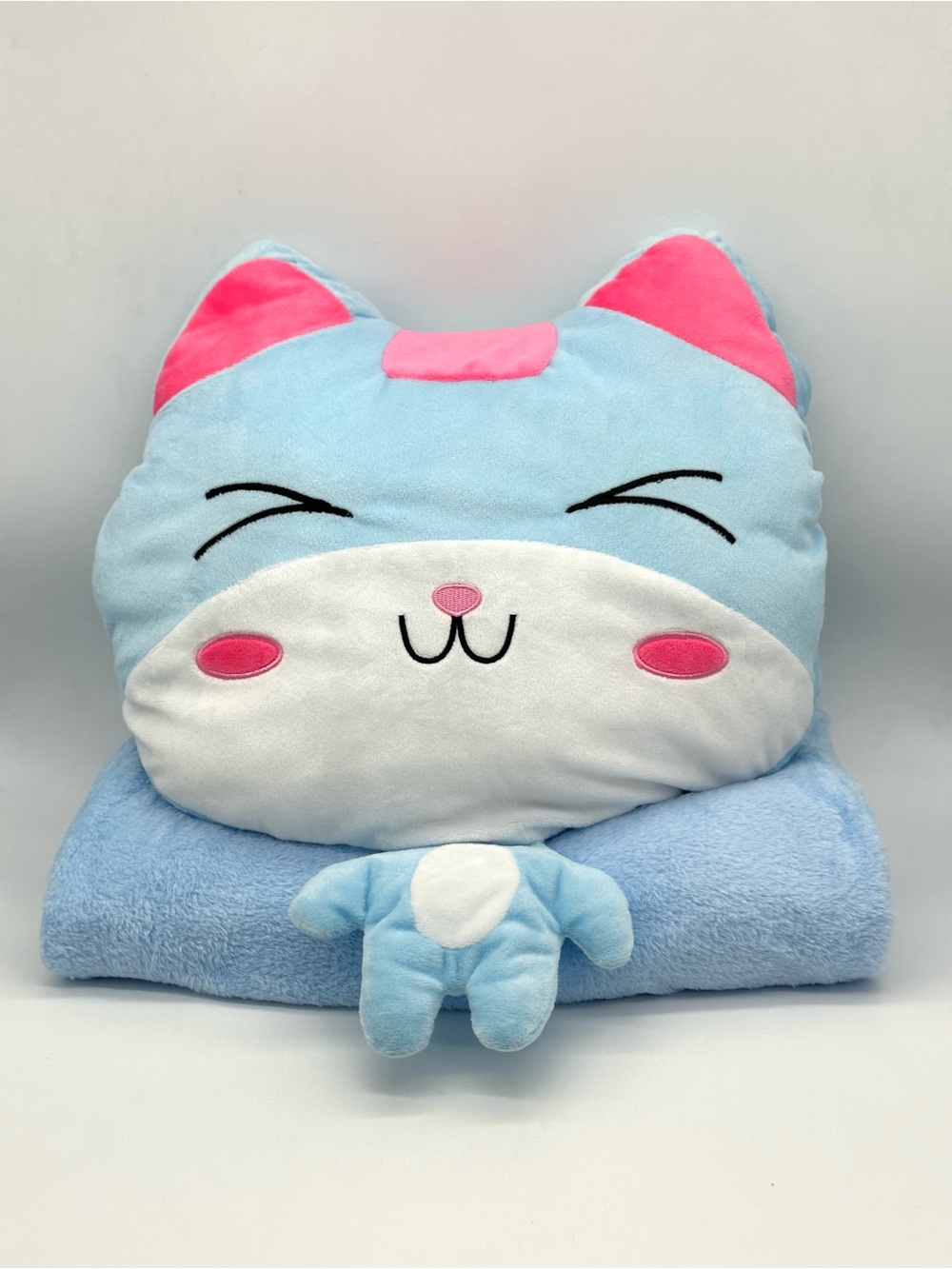 Toddler Cartoon Cat Pillow With Stuffed Blanket Throw And Hand Warmer Pockets